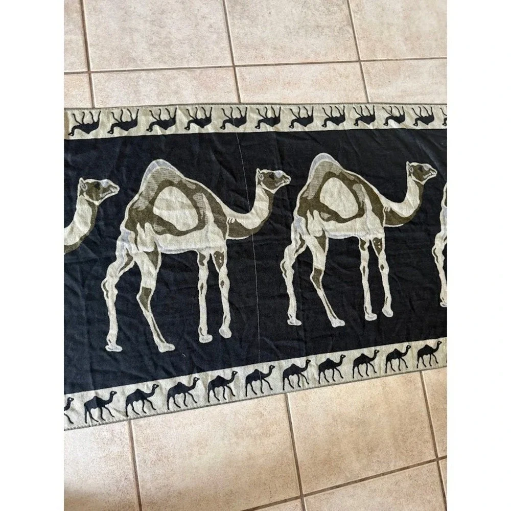 Woven Camel Tapestry Wall Hanging Desert Motif Fringe Textile Black Tan Cashmere